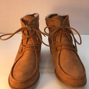 Cognac Suede-Like Faux Fur Wedge Booties Size 11